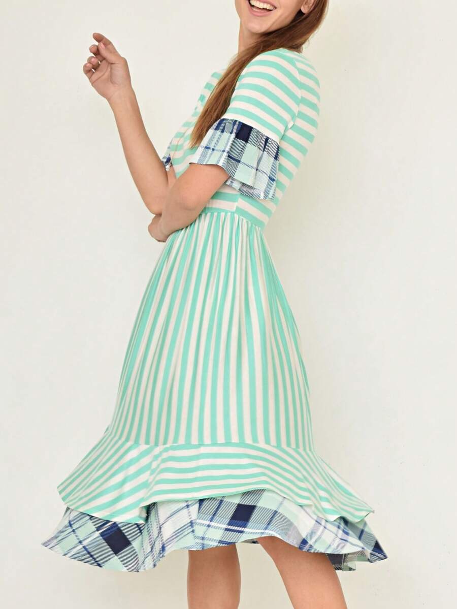Boho Vintage Royal Blue Coral Pink Yellow Stripe Tiered Ruffle Trim Midi Swing Southern Dress | S-3X - Mint - View 1