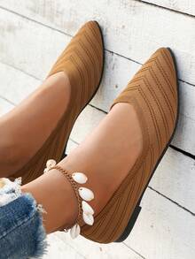 Zapatos planos de mujer con punta puntiaguda de punto, zapatos planos versátiles de unicolor con diseño slip-on casual - Chocolate - Ver 3