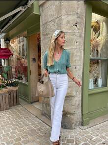 Cárdigan casual de mujer de unicolor de manga corta, suéter de cuello en V de una sola hilera, cómodo y transpirable para vacaciones, playa, fiesta - Verde - Ver 2