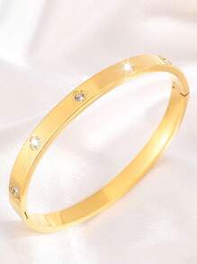 1pc Stainless Steel Cubic Zirconia Bangle Bracelet For Men, 18k Gold Plated, Oval Shaped, Non-Fading Jewelry, Youth Gift