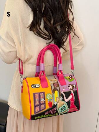 大容量女士拼色斜挎包，独特刺绣鳄鱼纹单肩包托特包，适合日常、通勤、时尚装扮、派对、校园