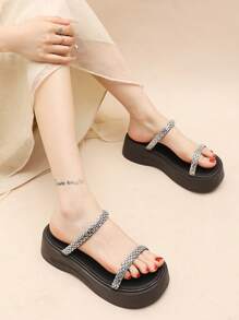 Women's Thick Sole Wedge Platform Sandals, Rhinestone Decorated For Beach, Vacation, Party, White Color