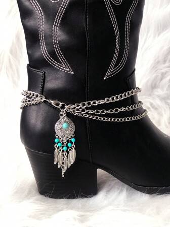 Women's Bohemian Western Boot Chain - Accessory With Turquoise Beads And Tassel Pendants, Ideal For Festivals And Cowboy Boots