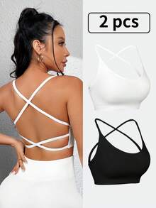 2 sztuki damskie krótkie sportowe koszulki typu racer back bezszwowe rozciągliwe oddychające modne bieganie joga fitness topy, czarno-białe