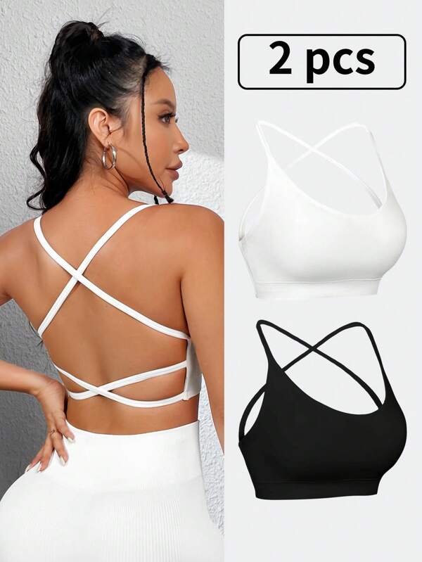 2 sztuki damskie krótkie sportowe koszulki typu racer back bezszwowe rozciągliwe oddychające modne bieganie joga fitness topy, czarno-białe