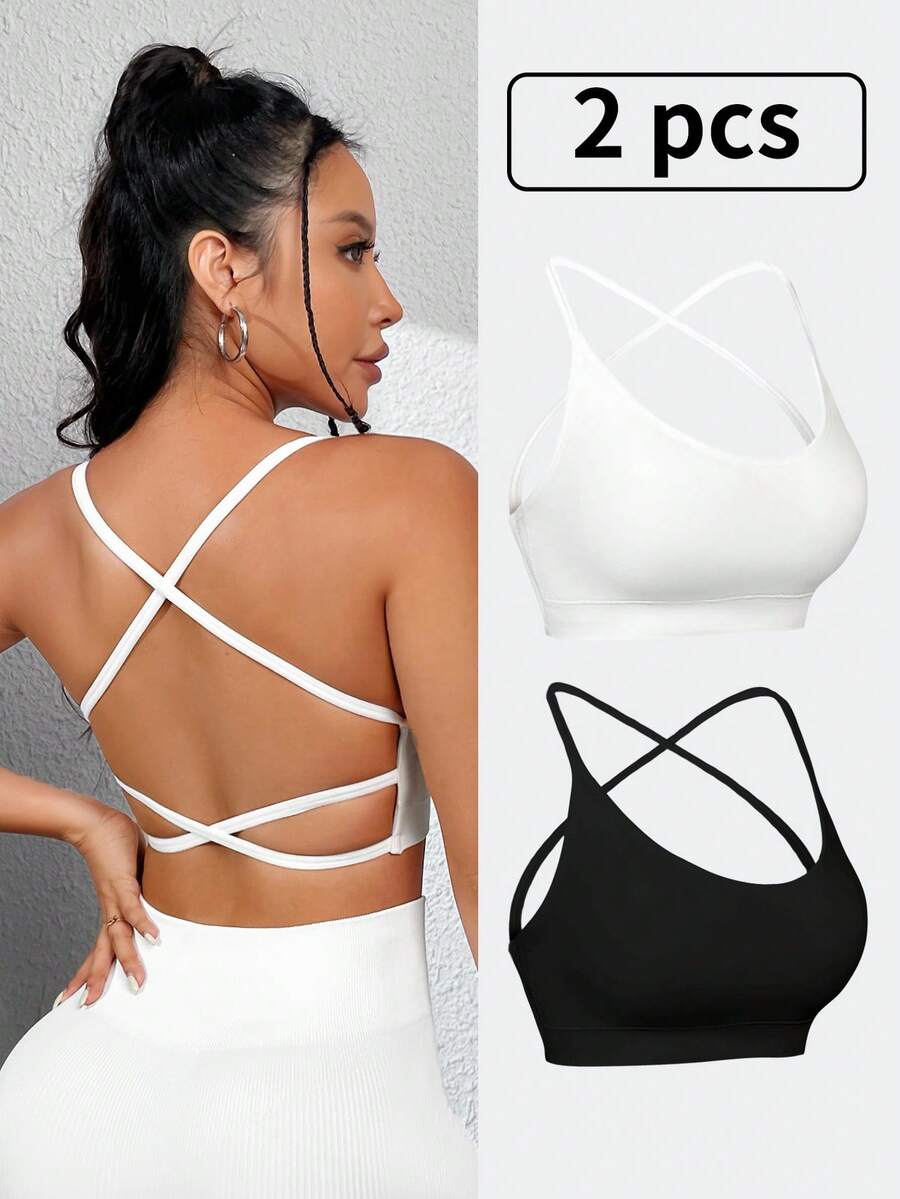 2 sztuki damskie krótkie sportowe koszulki typu racer back bezszwowe rozciągliwe oddychające modne bieganie joga fitness topy, czarno-białe