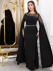 Women Elegant Full Sleeve Sparkling Pearls Rhinestone Birthday Evening Party Dress, Formal, Gown, For Wedding Guest - Black - View 1