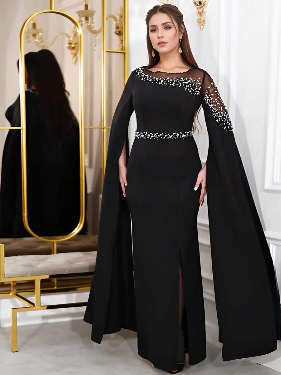 Women Elegant Full Sleeve Sparkling Pearls Rhinestone Birthday Evening Party Dress, Formal, Gown, For Wedding Guest - Black - View 1