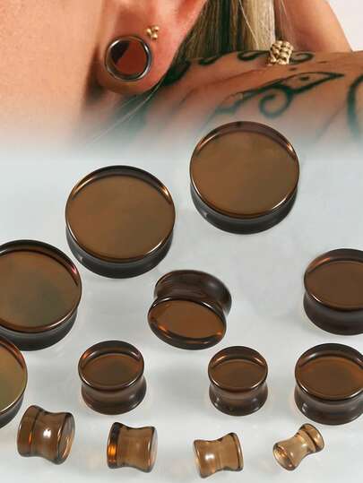 1 par de enchufes y túneles de vidrio para dilataciones - marrón oscuro tipo café expreso, con doble pestaña, expansores de peso corporal para pendientes estirados