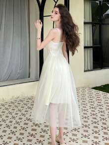 Women's Elegant Lace Contrast Mesh Dress Homecoming Party Dress Birthday Wedding Guest - Apricot - View 5