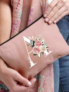 1pc Letter A-Z Flower Print Makeup Bag, Gift For Girls, Cute Retro Simple Fashion Letter Pattern Printed Bag Storage Bag,Cosmetic Pouch For Small Items Storage,Storage Bag, Makeup Storage Bag, Toiletry Bag, Clutch Bag, Lightweight Foldable Storage Bag, Simple Shopping Bag, Teacher Gift Clutch Bag,Storage For Nurses, Doctors, Teachers Bag, Suitable For Personal Travel Cosmetics Storage - Pink - View 10