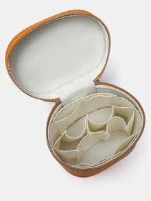 New Brown Textured Makeup Bag, Large Capacity Portable Travel Essential, Fashion Versatile, Exquisite Metal Zipper, High-End Leather Material, Practical Travel Storage Design, Single Handle For Easy Carrying, Super Useful Double Zipper Design, Minimalist Travel Essential, Suitable For Vacation, Summer, Back To School, Travel And Other Occasions, Women's Travel Cosmetic Bag - Orange - View 8