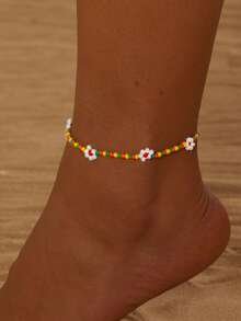 1pc Fashionable & Versatile Handmade Beaded Flower Design Anklet For Women, Bohemian Style, Summer - Flower Anklet - View 2