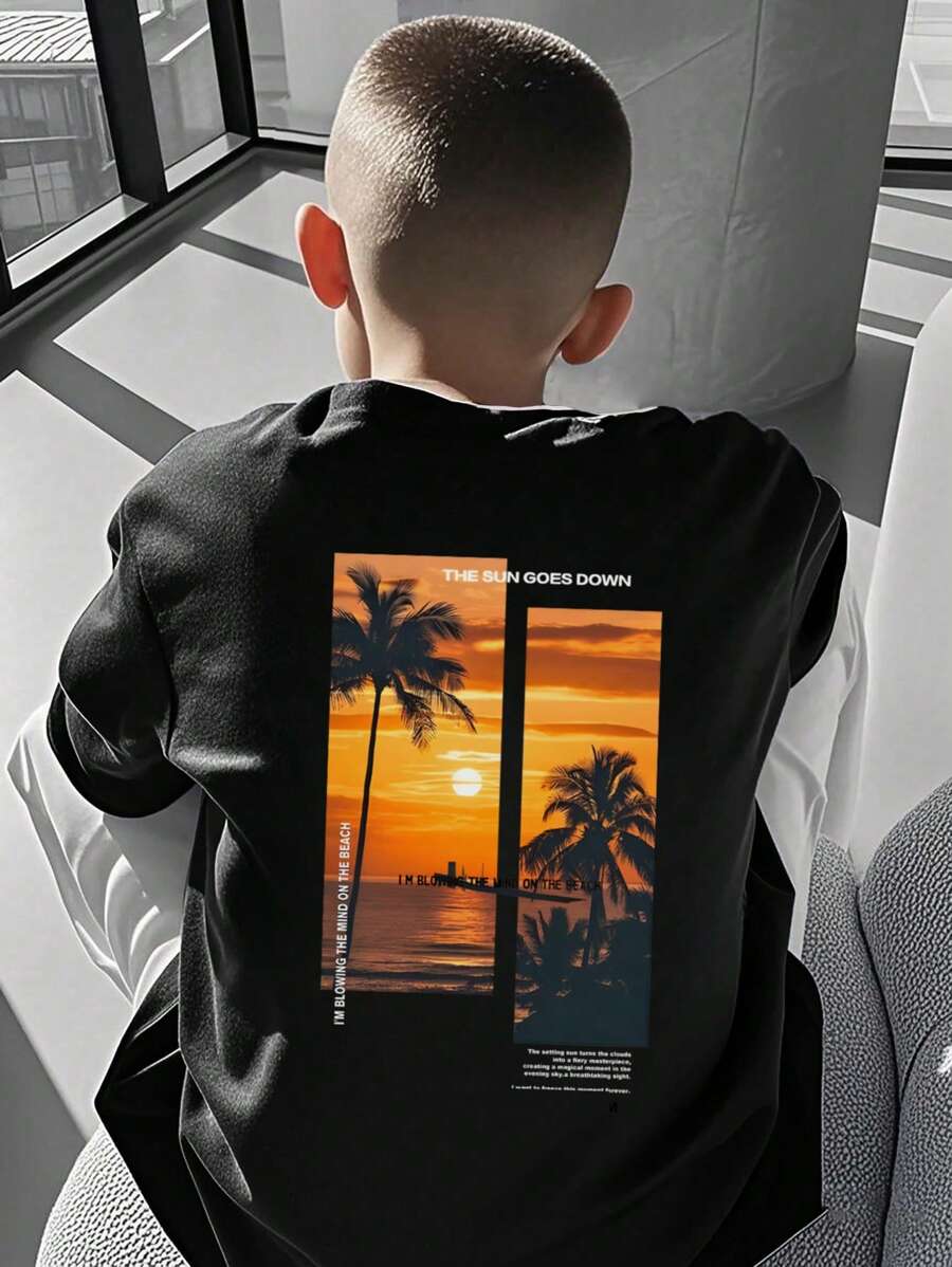 1 Pc Boys Casual Graphic Print Crew Neck Short Sleeve T-Shirt, Summer Student Wear - The Sunset Palm Tree Colorful T-Shirt Brings Joy And Happiness To Every Child!