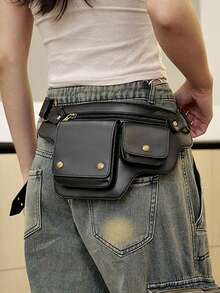 时尚欧美中世纪复古单肩带单肩包男女户外运动可调节拉链扣包朋克摩托风腰包手机包休闲百搭包适合日常户外街拍
