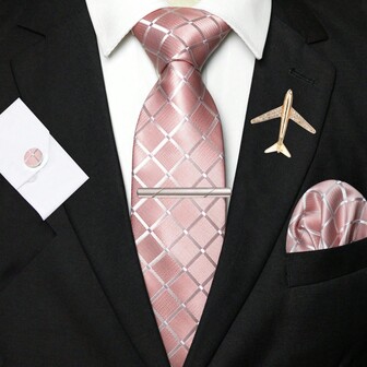 1pc/2pcs/3pcs/4pcs/5pcs Men Pink Plaid Silk Tie Set, Plaid Satin Silk Tie, Pocket Square, Cufflinks, Silver Tie Clip & Hexagram, Plane, Music Note, Lightning Brooch Combo Set, Ideal Gift For Men, Suitable For Wedding, Business, Formal, Date, Banquet, Wedding Photography, Graduation Season And More OccasionsMen Necktie