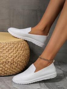 女士休闲白色运动鞋，舒适透气网眼针织平底鞋，适合旅行、散步、日常穿着