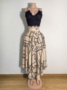 Women Front Tie Slit Pocket Geometric Print Skirt Elegant Vacation - Multicolor - View 2