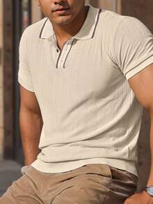 SANOPY Men's Zipper Polo Shirts Short Sleeve Ribbed Knit Polo T Shirts Fashion Casual Shirts - 卡其色 - 查看 2