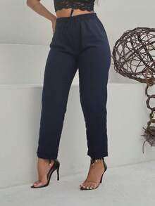 TEREZA Women's Trousers With PREMIUM Linen Italian Hem And Casual Elastic Waistband - 藏蓝色 - 查看 1