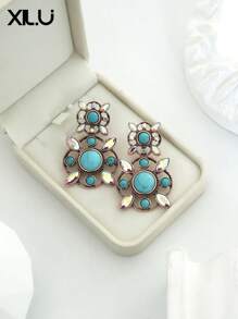 1 par de pendientes con colgante geométrico de colores múltiples con estilo vintage europeo para mujeres