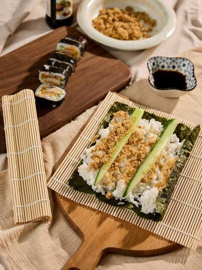 Cirelle Juego de 5/2/1 pieza de Estera para enrollar sushi, Rodillo de bambú para algas de sushi, Herramientas hechas a mano para hacer sushi (Elemento grande, ref. Fig. 8)