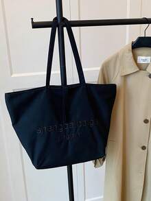 Letter Print Large Capacity Canvas Tote Bag, Fashion Handbag, Versatile Shoulder Bag For Women, Casual Commuter Bag, Spacious School/Office Bag - Black - View 5