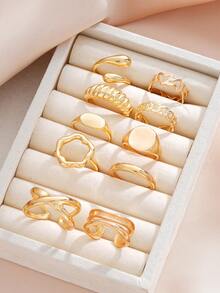 10pcs Set Minimalist Metal Geometric Wide Band Ring Set, Vintage Style Rings For Women, Suitable For Vacation, Beach, Date, Casual, Party And Other Occasions - 10 Rings - View 8