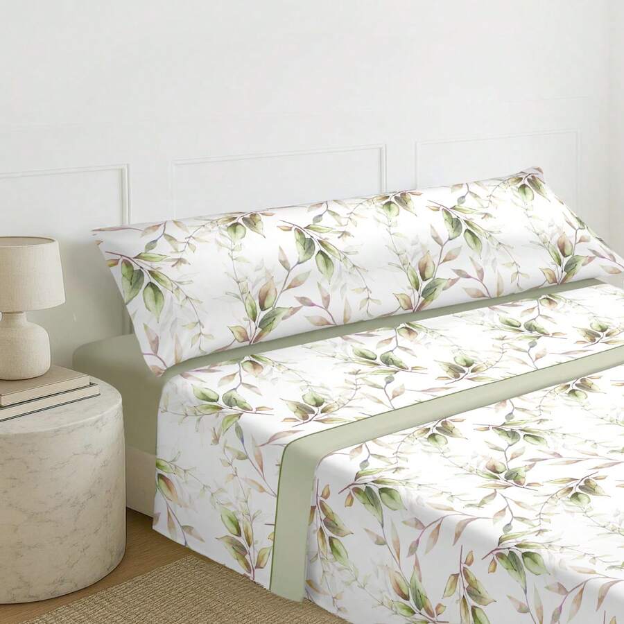 Mercury Textil 夏季和中季床單套件 50% 棉和 50% 滌綸,印花床單套件,帶花朵、幾何設計,3 件套,包括枕頭套 + 床單 + 床笠。觸感柔軟、輕薄且可調整。非常適合增添現代和優雅的氣息✅ 24/48 小時內發貨✅ 快速發貨 - 綠葉 - 查看 1