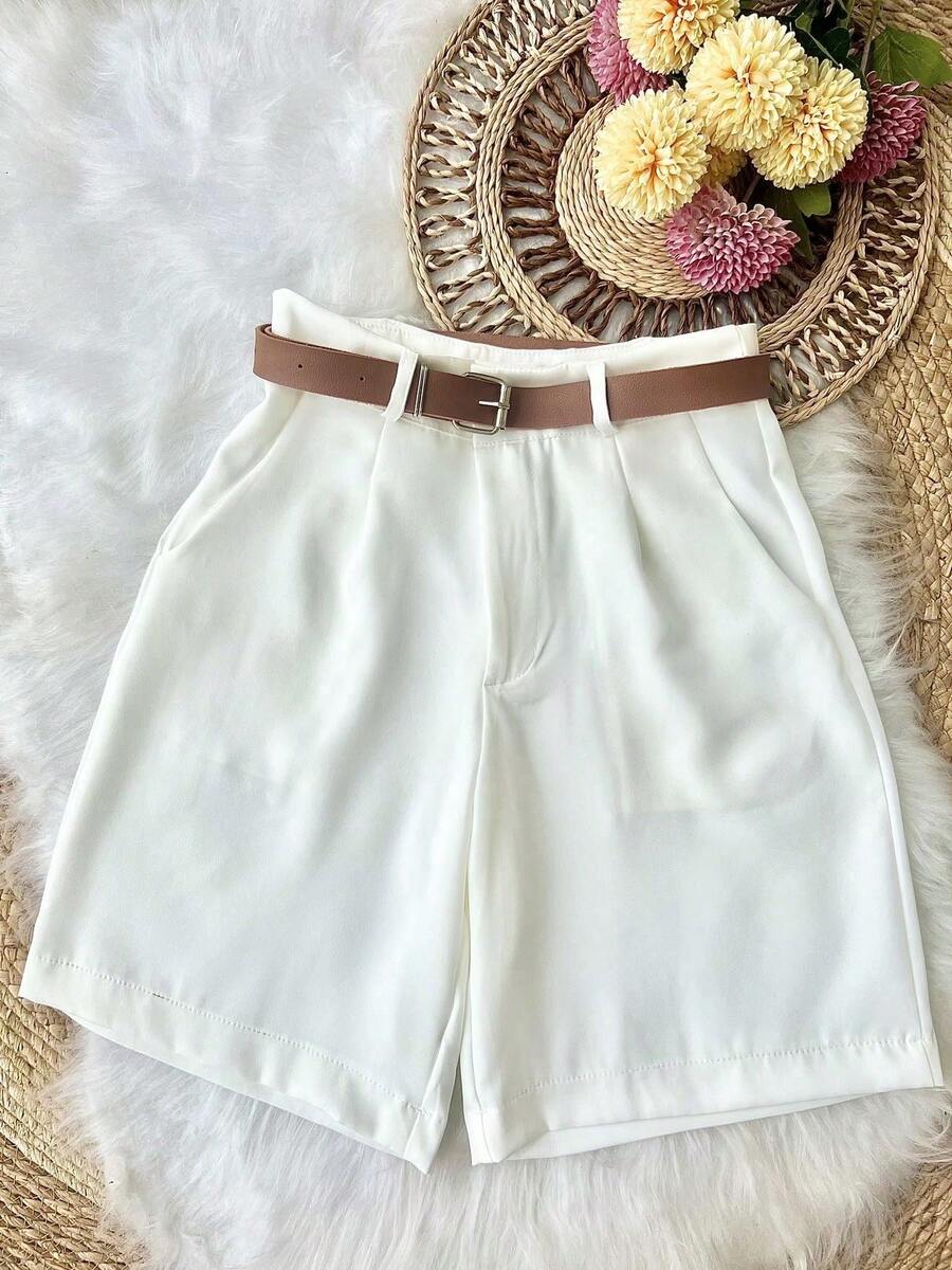 Tailored Bermuda Shorts For Women With Belt And Zipper And Bag - Branco-1 - 查看 1