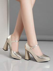 女士高跟鞋，踝带设计，粗跟，超高跟，粉色、杏色、裸色、酒红色、黑色、白色、红色、银色、金色、棕色可选，时尚百搭。