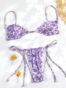 Women Summer Vacation Paisley Purple Retro Print Swimwear Set With Gold Decor - Purple - View 1