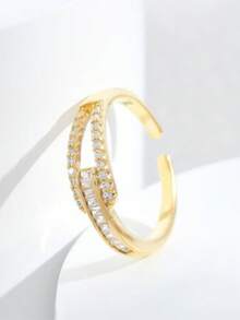 1pc Women's Premium Designed Zirconia Adjustable Open Ring With Inlaid Diamonds - Gold - View 5