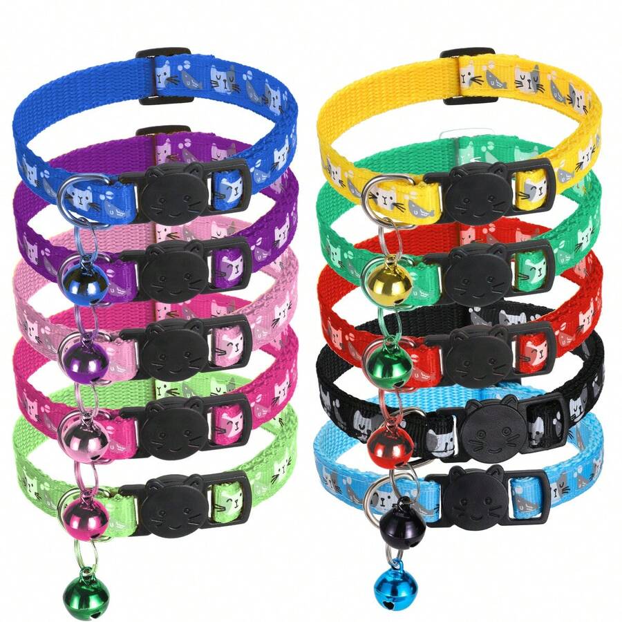 10pcs Adjustable Cartoon Cat Design Cat Collars With Buckle And Bell, Suitable For Small Pets - Multicolor - View 1