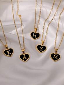 Stainless Steel Initial Letter Black Heart Necklaces Women Gothic Name Pendant Charm Necklace Wedding Jewelry Anniversary Gifts - Yellow Gold - View 6