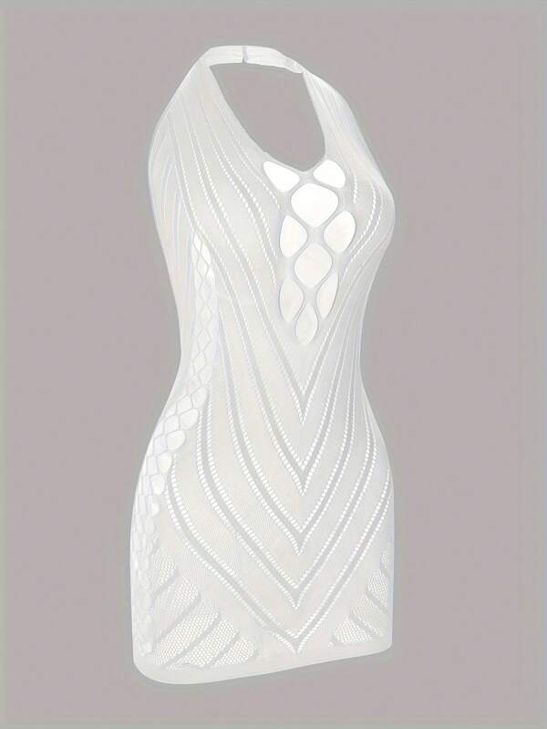 Sexy Jacquard Lace Sheer Dress - Intricate Geometric Pattern, Hollow Neckline, Adult Nightclub Attire, Elegant White Design For Special Occasions, Nightclub Attire Geometric Lace Pattern Hollow Neckline, Lace Dress Sexy Lingerie.