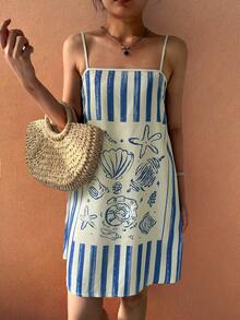 海洋星光夏季波西米亚休闲度假时尚沙滩女式条纹海洋贝壳/海星/海螺印花露背短裙毕业礼服
