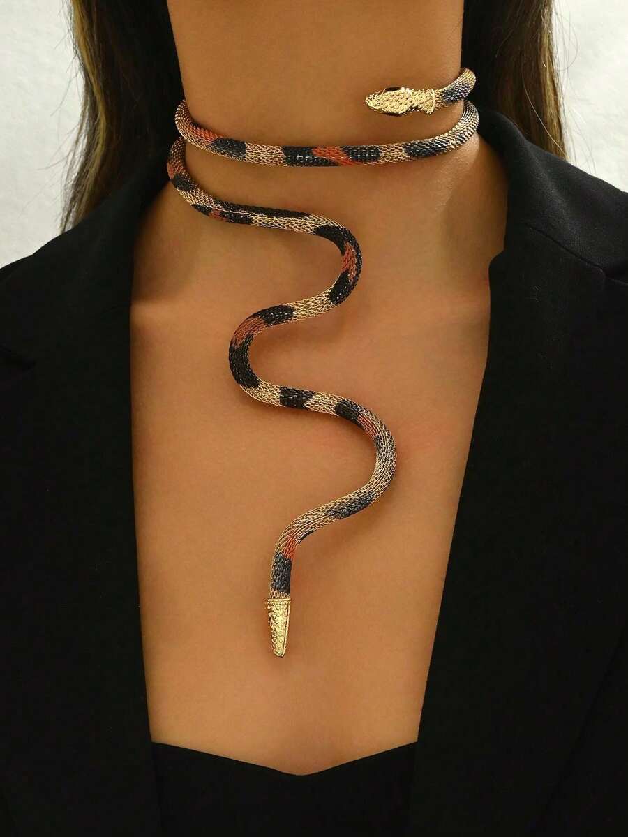1pc Adjustable Fashionable Exaggerated Faux Snake Mesh Chain Leopard Print Choker Necklace, Customizable Wear - Golden Leopard Print - View 1