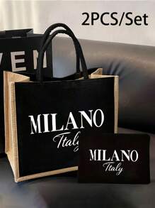 Linen Tote Bags And Small Bags With "Milano" White Letter Print, Coin Purse And Tote Bag Combination, Personalized Gift Packaging, Large Capacity Portable Casual Storage Handbags, Supermarket Shopping Bags. Multifunctional Portable Teacher Handbags, Holiday Shoulder Bags, Suitable For Daily Commuting, Business Trips, Beach Vacations, Can Be Given As Gifts To Friends, Family, Birthday Gifts, Mother's Day Gifts, Teacher's Day Gifts.