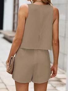 Women's Solid Color Casual Elegant Ruffle Hem Sleeveless Jumpsuit, Suitable For Spring, Summer, Autumn And Winter - Mocha Brown - View 2