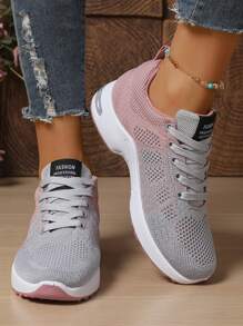 1 Paar rosa luftgepolsterte, atmungsaktive Damen Sportschuhe, rutschfeste flache Low-Tops, zweifarbige Laufsohle, hochwertige Mesh-Strick-Oberfläche, geeignet für den ganzen Tag, Laufen, Wandern, Fitness, Lässig