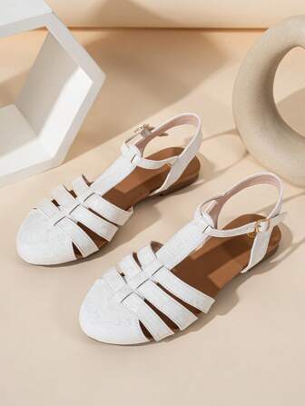 Women Flat Sandals With Hollow Out T-Strap Ankle Strap, Woven Gladiator Style Comfort Flat Shoes, Hollow Breathable Casual Summer Beach Sandals