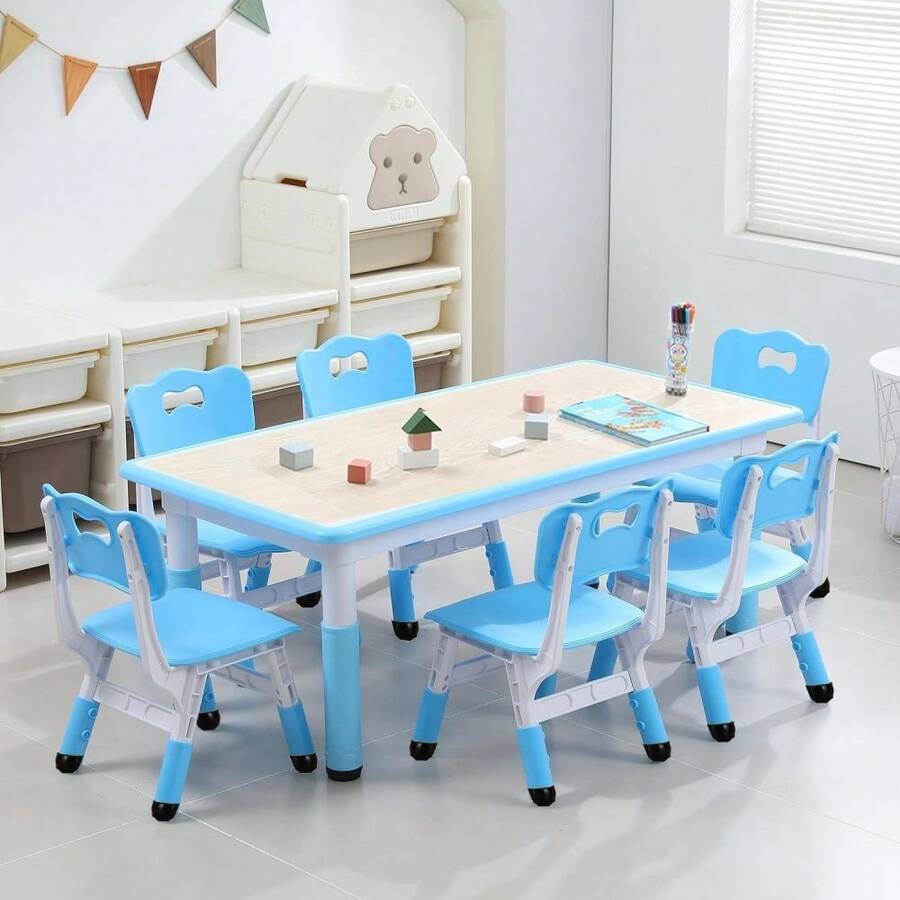 Huisuilinss Kids Table And 6 Chairs Set,Toddler Table And Chair Set,Height Adjustable Children Multi-Activity Table,Kids Study Table Activity Table With Graffiti Desktop,Non-Slip Legs For Ages 2-10,Daycare Classroom Preschool - 藍色 - 查看 1