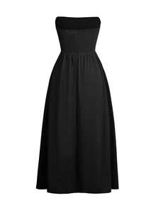 Unadoll 女士无肩带拉链休闲优雅连衣裙，适合海滩度假、旅行、约会、音乐节、返校季和圣诞节等场合。 - 黑色 - 查看 4