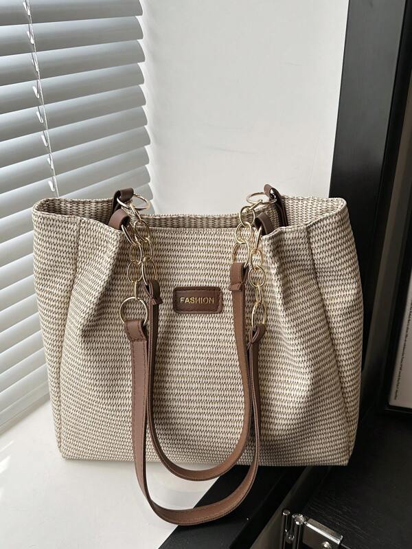 Bolso de mano a rayas de moda - Bolso de hombro de gran capacidad para mujeres - Bolso de tela con cremallera para uso diario, con correa de cadena metálica
