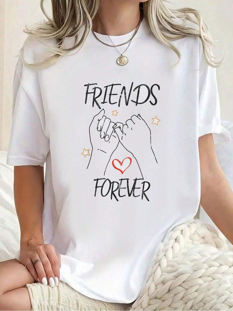 100% Cotton Friends Forever Best Friend Love Friendship Trust T-Shirt Graphic Shirt Women - 白色 - 查看 1