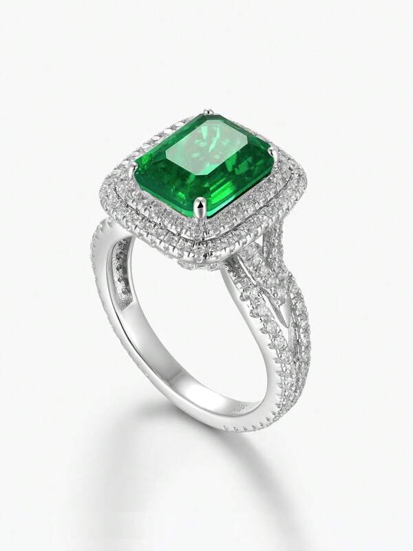 Dissoo 1 Stück handgefertigter 925er Sterling Silber Damen Schmuckring mit quadratischem synthetischem Holz und grünem Zirkonia Einlage, platinbeschichteter Verlobungsring, hochpräzise Schnitt- und Einlegearbeit, kommt mit unabhängiger Verpackungsbox, geeignet als Geschenk, für Verlobungen, täglichen Gebrauch, Hochzeiten, Partys, Strandurlaube, Festivals und Musikveranstaltungen