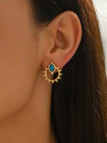 1 Pair Fashionable, Exquisite, And Elegant Hoop Earrings Inlaid With Blue And Green Gemstones, Unique Design With Exotic Charm And Classic Elegance, Suitable For Daily Wear - Yellow Gold - View 2