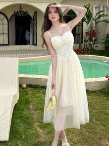 Women's Elegant Lace Contrast Mesh Dress Homecoming Party Dress Birthday Wedding Guest - Apricot - View 9