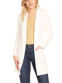 Classic Open Front Long Sleeve Cardigan With Side Pockets  Plain  Casual    Pocket      Daily - 象牙 - 查看 1